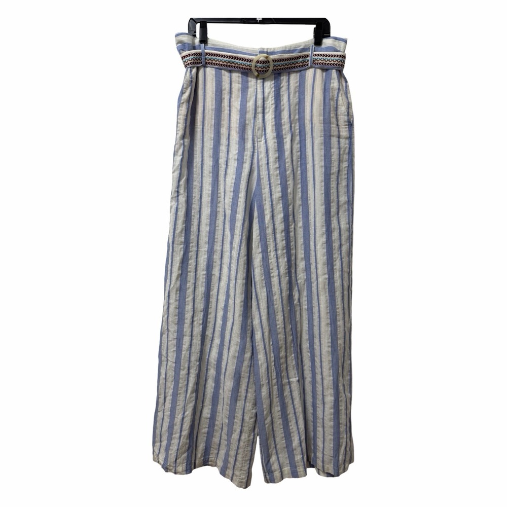 Anthropologie Womens Stripe Belted Wide Leg Pants Size‎ 14 Blue Coastal Travel